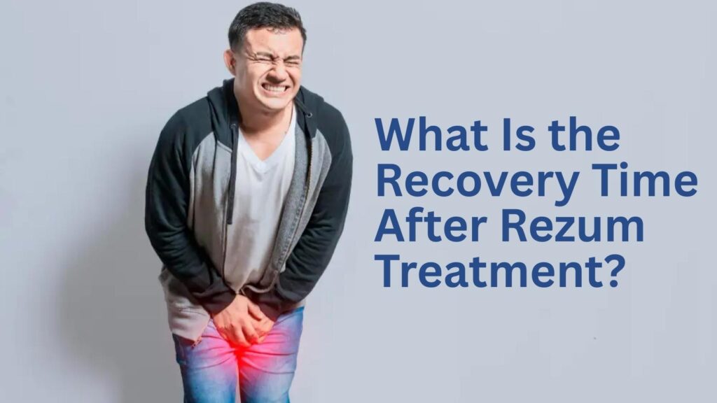 Man holding lower abdomen with pain illustrating urinary symptoms related to Rezum treatment recovery