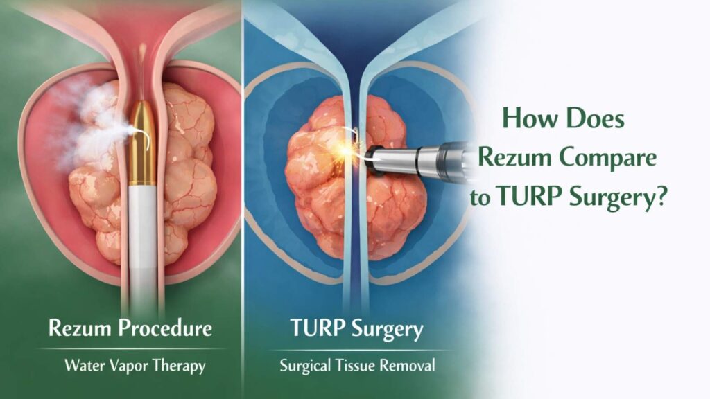 Comparison illustration of Rezūm water vapor therapy and TURP surgery for enlarged prostate treatment