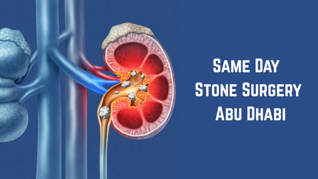 Same day stone surgery Abu Dhabi illustration showing kidney stones and advanced minimally invasive treatment