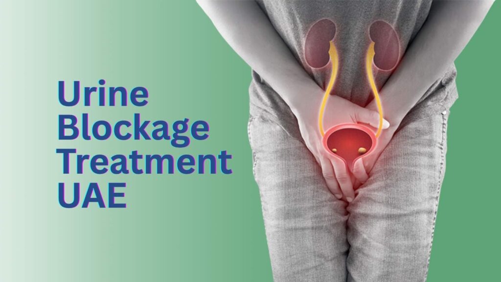 Urine blockage condition illustration showing bladder and urinary system pain