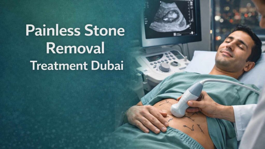 Patient undergoing painless stone removal treatment using ultrasound technology in Dubai