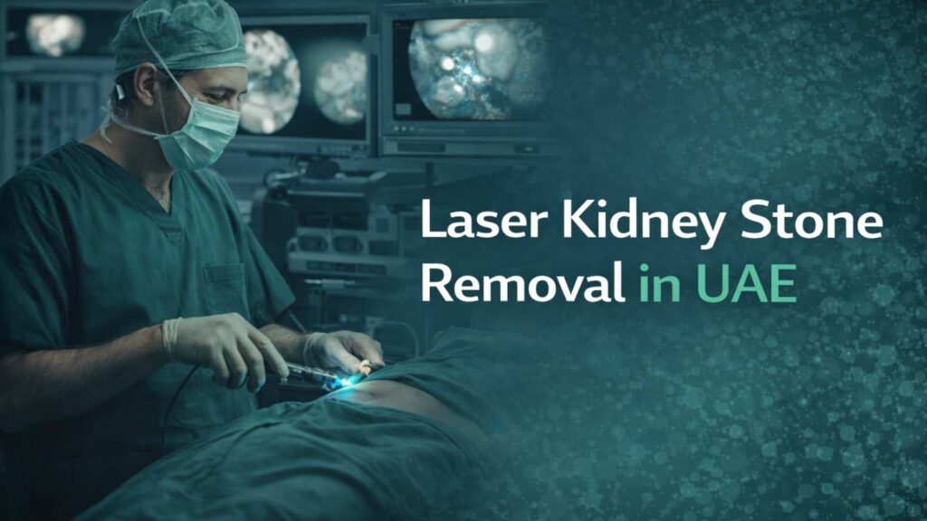 Surgeon performing laser kidney stone removal procedure in an operating room in the UAE