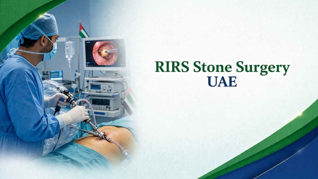 Surgeon performing RIRS stone surgery using endoscopic equipment in UAE hospital