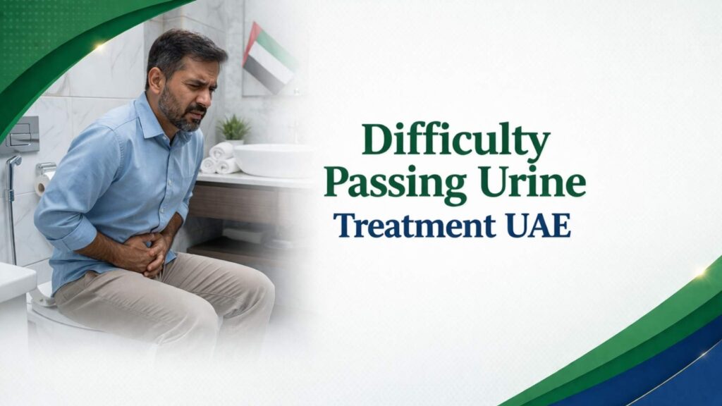 Man experiencing difficulty passing urine sitting in bathroom, indicating urinary problem treatment in UAE