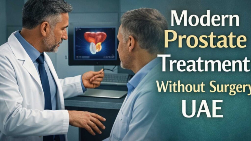 Doctor explaining modern prostate treatment options without surgery to a patient in a clinic in the UAE