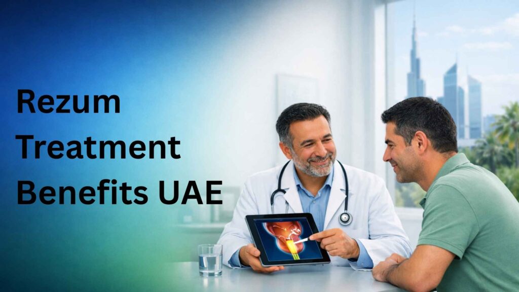 Urologist consulting a middle‑aged male patient about Rezum Treatment Benefits UAE in a modern clinic with soft lighting and UAE skyline background.