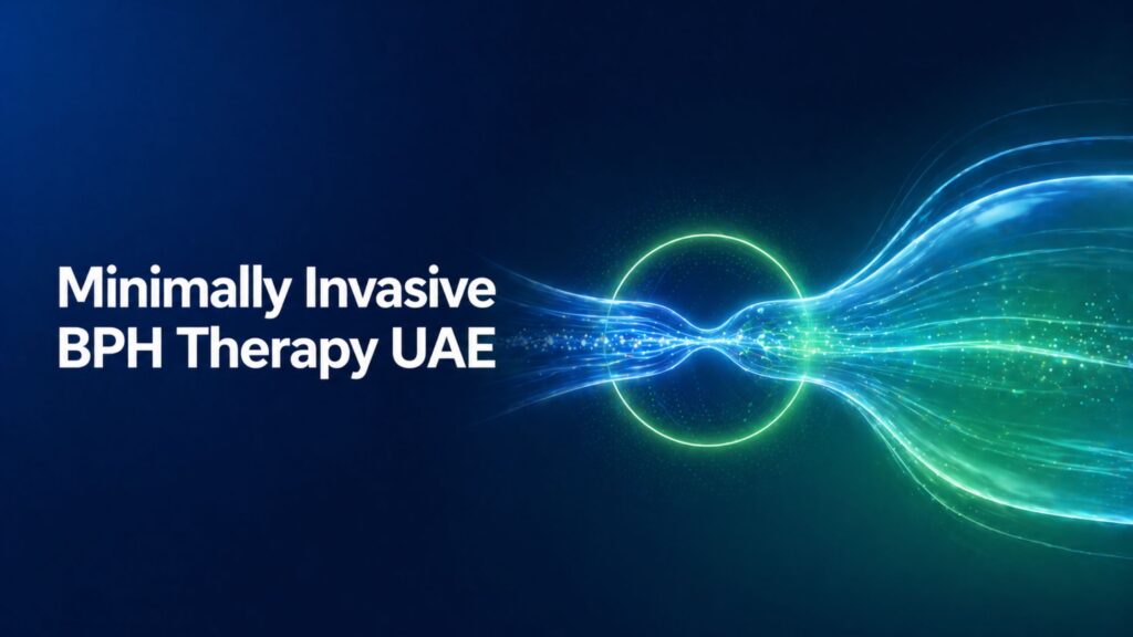 Minimally Invasive BPH Therapy UAE illustrated with smooth flowing lines representing improved urinary flow