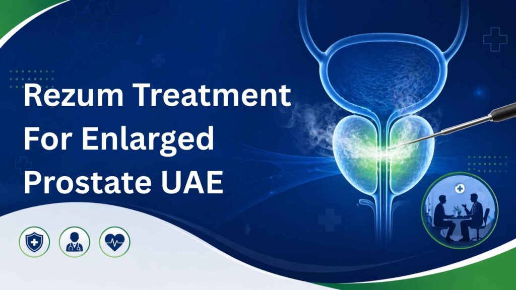 Minimal medical illustration showing Rezum Treatment For Enlarged Prostate UAE with vapor therapy and doctor consultation silhouette.