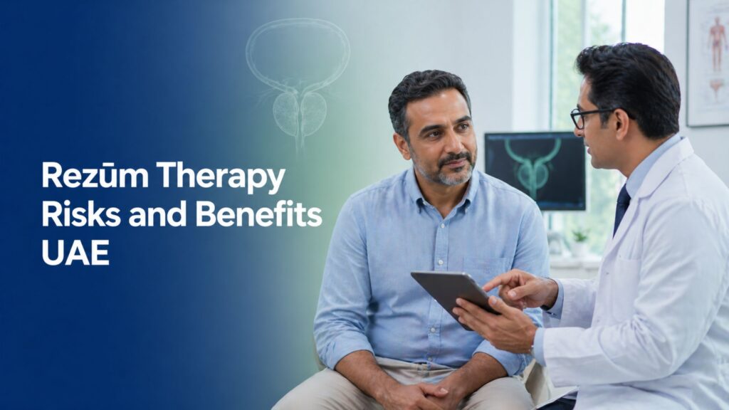 Rezum Therapy Risks and Benefits UAE showing a patient consulting a urologist about prostate treatment in a modern clinic