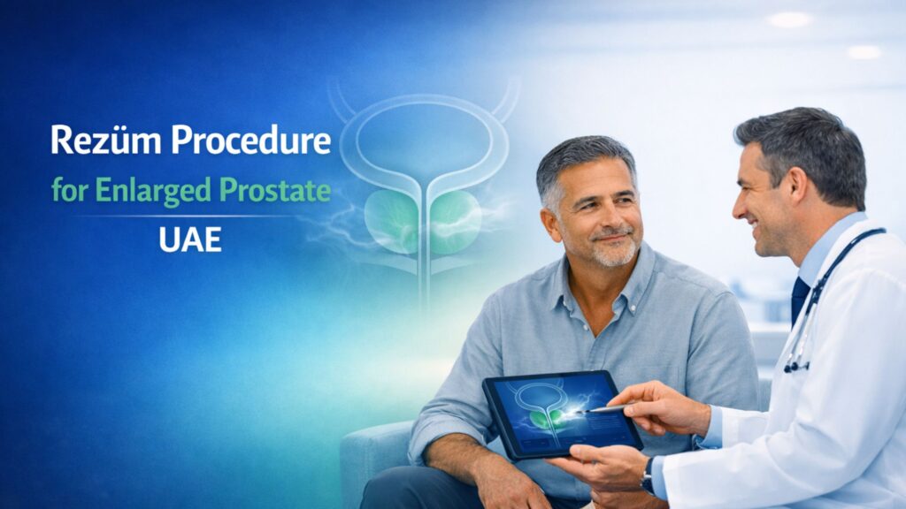 Rezum Procedure for Enlarged Prostate UAE illustrated with steam therapy concept and abstract prostate design