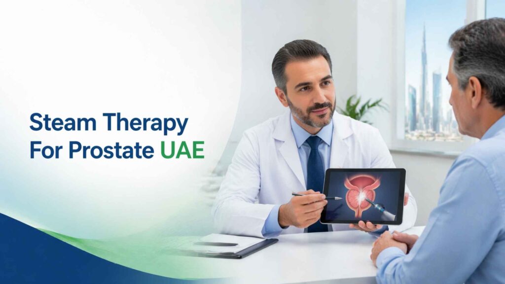Steam Therapy For Prostate UAE – urologist consulting patient and explaining minimally invasive treatment using digital screen