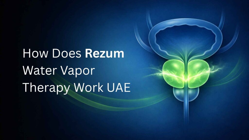 Professional medical illustration showing the male urinary system and prostate, representing minimally invasive Rezum water vapor therapy in UAE.