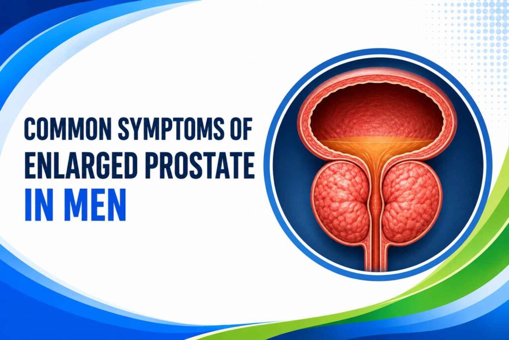 Common Symptoms of Enlarged Prostate in Men illustrated with prostate and bladder anatomy