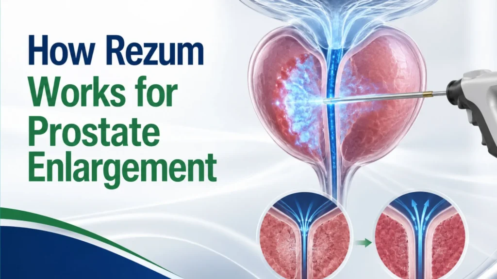 How Rezum works for prostate enlargement banner showing steam therapy treatment concept