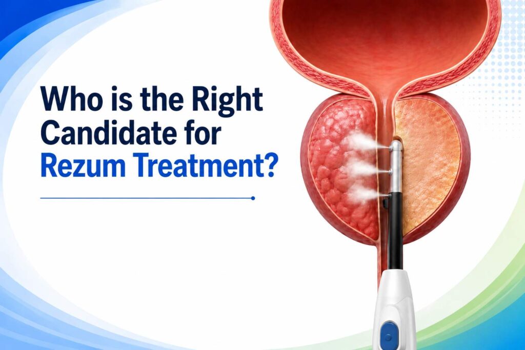Who is the right candidate for Rezum treatment illustration showing steam-based therapy for urinary symptoms caused by an enlarged prostate.