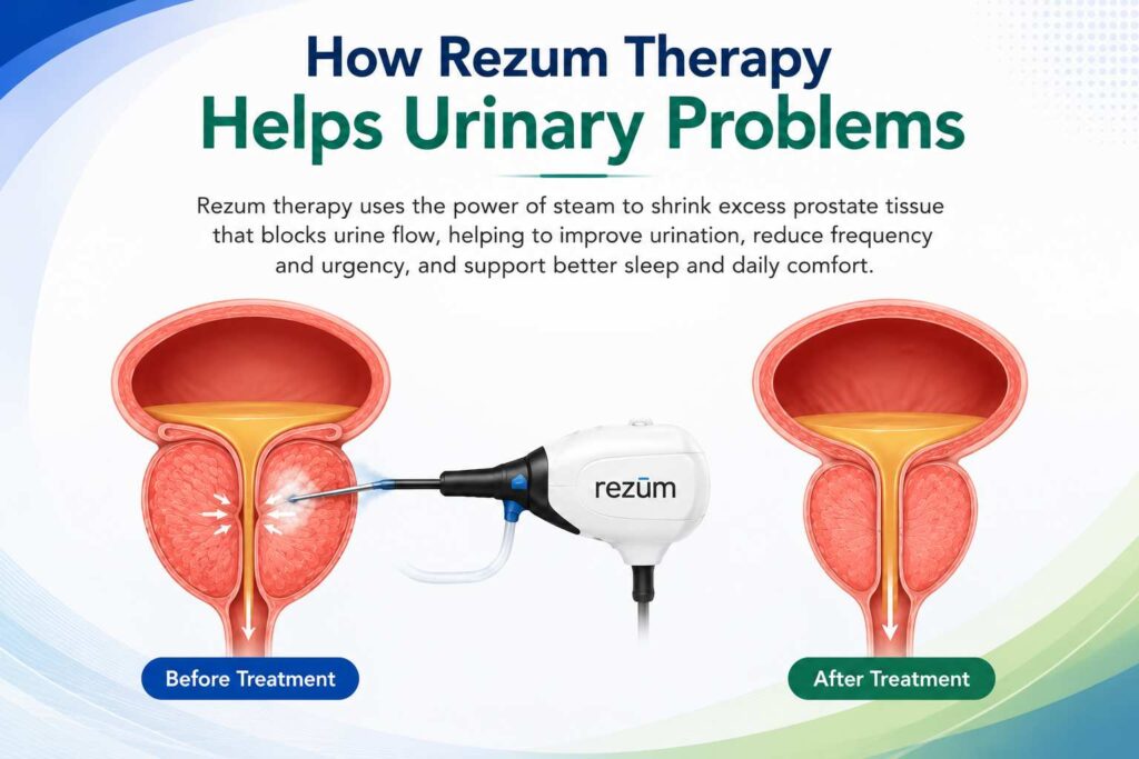 How Rezum Therapy Helps Urinary Problems – illustration showing steam-based Rezum therapy reducing prostate tissue to improve urine flow and urinary symptoms.