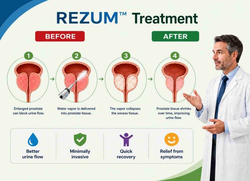 REZUM treatment before and after illustration showing improvement in enlarged prostate symptoms and urine flow