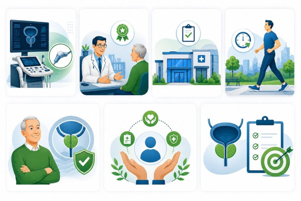 Illustration highlighting the benefits of Water Vapor Therapy for Enlarged Prostate in Abu Dhabi, including advanced technology, experienced specialists, outpatient treatment, minimal downtime, long-term symptom relief, and personalized patient care.