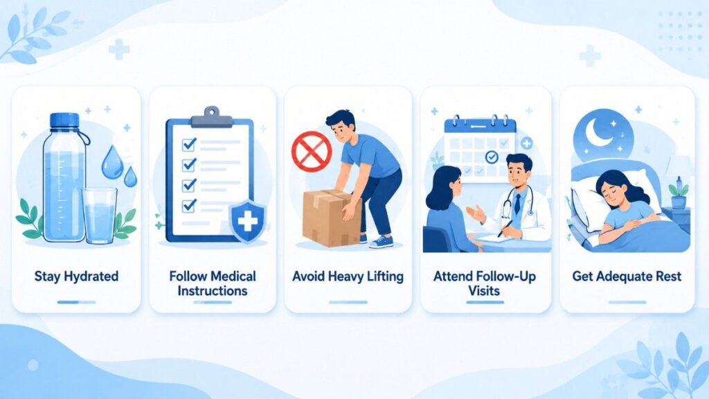 Illustration highlighting Recovery After BPH Treatment with key recovery tips including hydration, following medical instructions, avoiding heavy lifting, attending follow-up visits, and getting adequate rest.