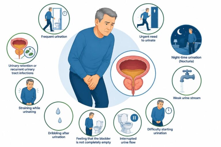 BPH Treatment Hospital in Abu Dhabi infographic showing common symptoms of an enlarged prostate, including frequent urination, weak urine stream, nocturia, urinary urgency, and bladder emptying difficulties.