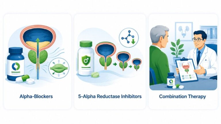 BPH Treatment Hospital in Abu Dhabi illustrating medications for enlarged prostate, including alpha-blockers, 5-alpha reductase inhibitors, and combination therapy.