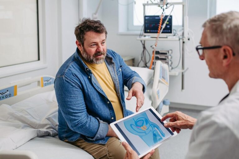 Best Treatment Options for Enlarged Prostate in Abu Dhabi consultation between a urologist and patient discussing advanced BPH treatment using a digital prostate illustration.