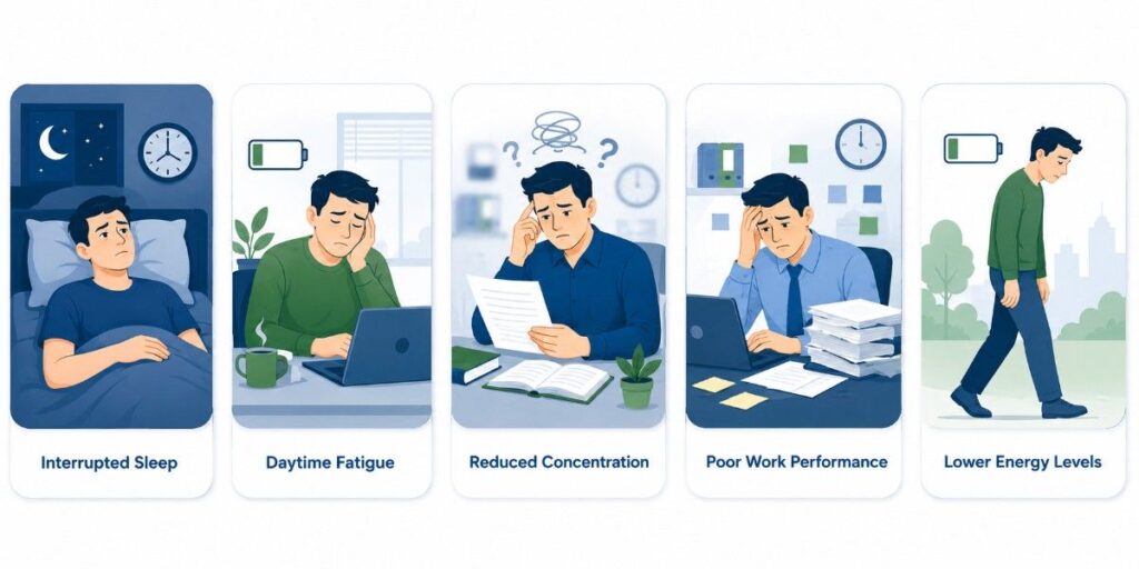 Medical infographic illustrating the Complications of Untreated BPH, including urinary retention, kidney damage, bladder damage, recurrent urinary tract infections, bladder stones, urinary blockage, and reduced quality of life.