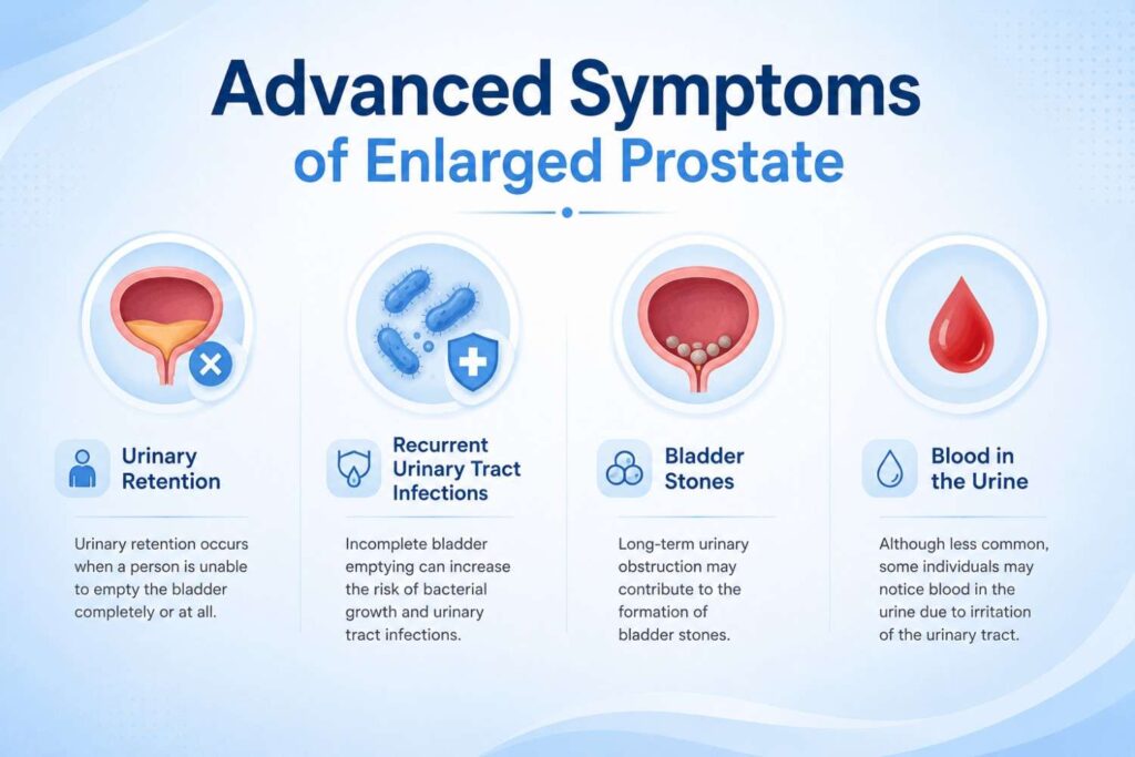 Advanced symptoms of enlarged prostate including urinary retention and bladder stones