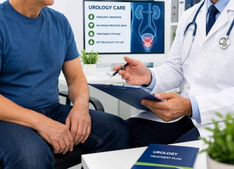 Frequent Urination Treatment Abu Dhabi consultation with a urologist explaining personalized diagnosis and treatment options for urinary symptoms and enlarged prostate.