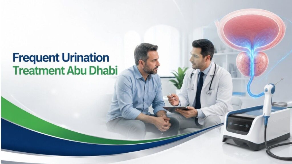 Frequent Urination Treatment Abu Dhabi banner featuring a urologist consulting a patient with a transparent bladder and enlarged prostate illustration in a modern clinic.