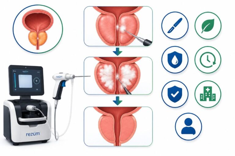 Minimally Invasive Prostate Treatment Abu Dhabi infographic illustrating Rezum Therapy and its key benefits through clean medical icons and healthcare illustrations.