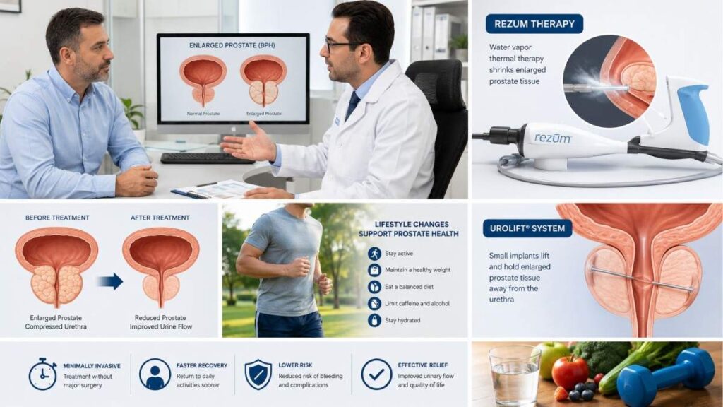 Non-Surgical Prostate Treatment Abu Dhabi illustrating advanced minimally invasive BPH treatment options, including patient consultation, Rezum Therapy, and prostate health care.