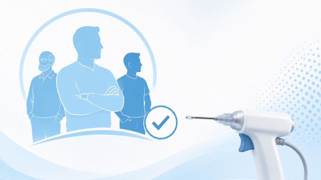 Medical illustration showing candidate assessment for Rezum therapy with patient silhouettes, eligibility check mark, and a minimally invasive prostate treatment device on a clean healthcare background.