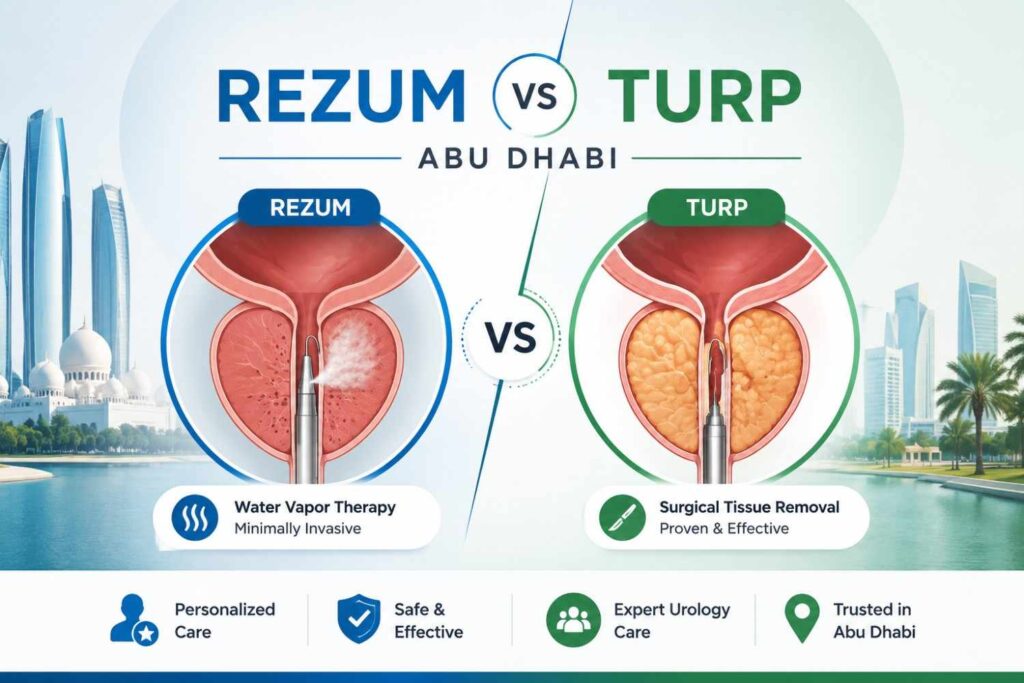 Featured illustration comparing Rezum and TURP treatments for enlarged prostate, showing water vapor therapy and surgical tissue removal with a clean medical design inspired by Abu Dhabi.