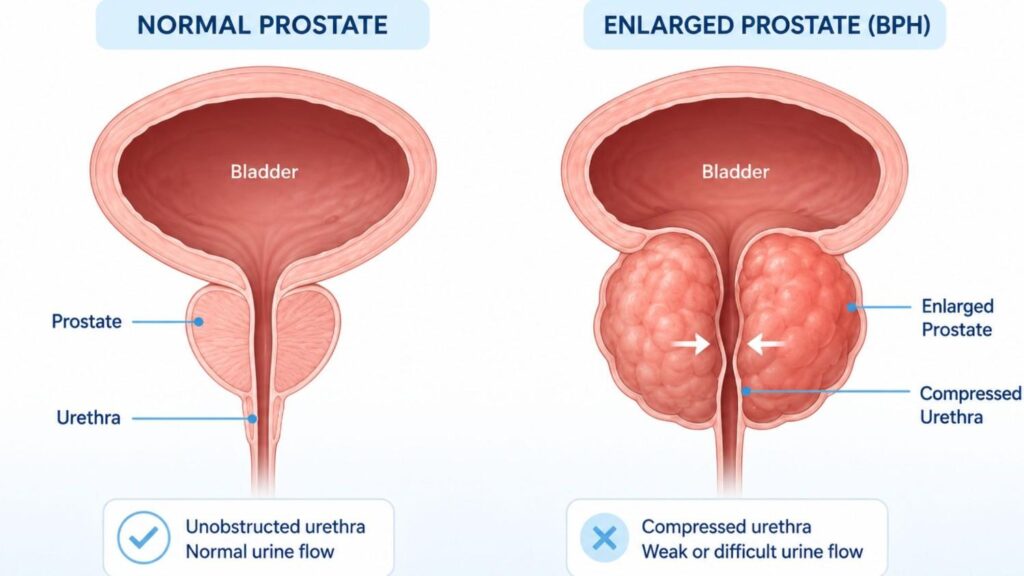 Medical cross-sectional illustration comparing a healthy prostate and an enlarged prostate, showing how prostate enlargement can narrow the urethra and affect urinary flow.