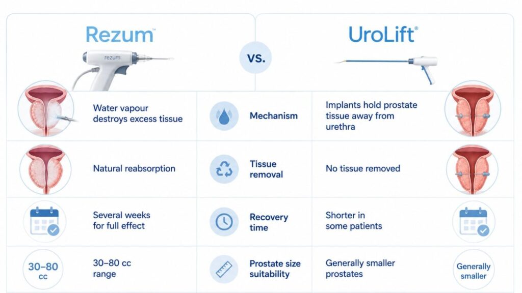 Medical comparison infographic illustrating Rezum and UroLift treatments for benign prostatic hyperplasia (BPH), highlighting differences in treatment approach, recovery, prostate size suitability, and functional outcomes.