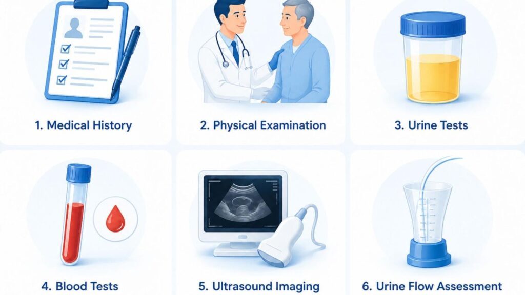 Medical assessment infographic showing key diagnostic steps for evaluating enlarged prostate symptoms, including medical history review, physical examination, urine tests, blood tests, ultrasound imaging, and urine flow assessment.