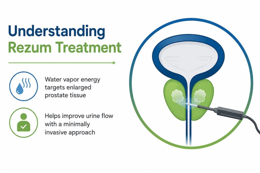 Simple medical illustration explaining Rezum treatment using water vapor therapy to reduce enlarged prostate tissue and improve urine flow.