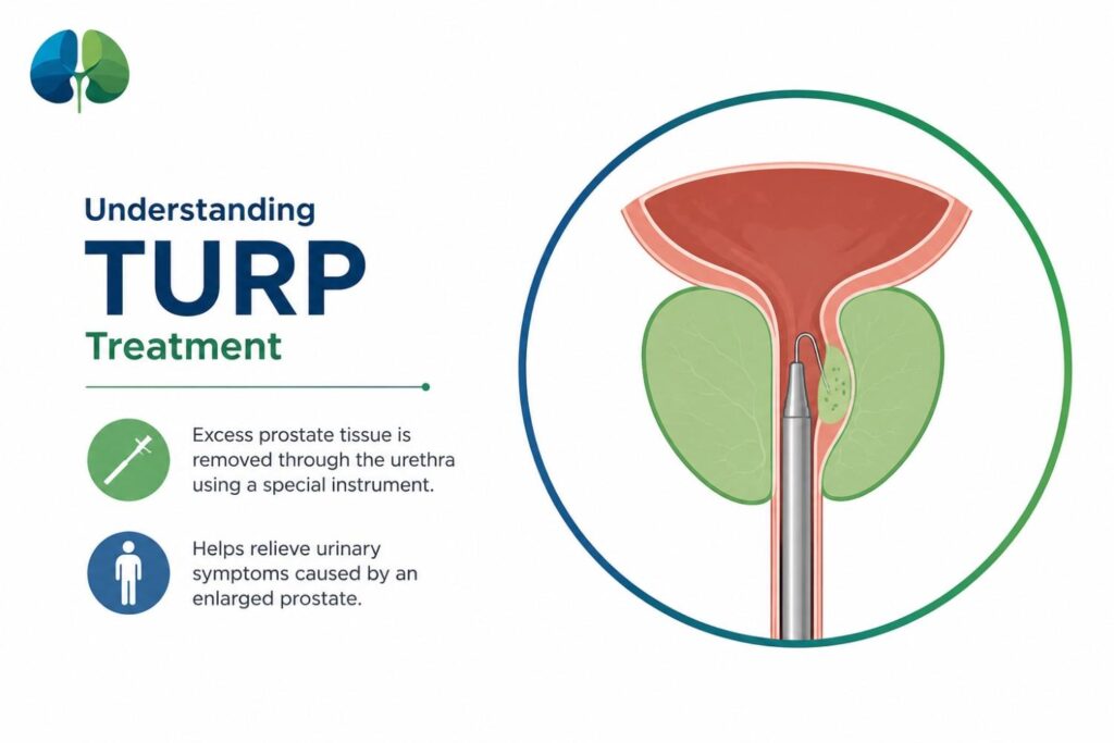 Illustration explaining TURP treatment, showing a surgical instrument passed through the urethra to remove excess prostate tissue and improve urinary flow in men with an enlarged prostate.