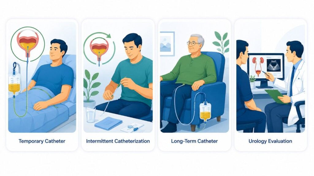 Urinary Retention Treatment Abu Dhabi illustration showing temporary catheterization, intermittent catheterization, long-term catheter management, and urology evaluation for effective bladder care.