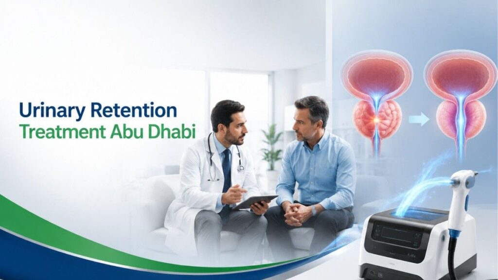 Urinary Retention Treatment Abu Dhabi showing advanced diagnosis and minimally invasive treatment for bladder emptying problems caused by enlarged prostate.