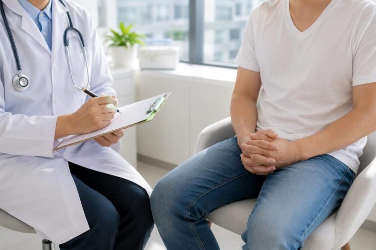 Urinary Retention Treatment Abu Dhabi consultation showing a urologist discussing urinary retention management with a male patient in a modern clinical setting.