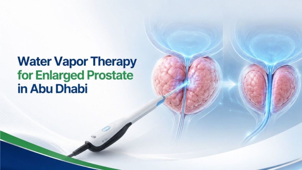 Water Vapor Therapy for Enlarged Prostate in Abu Dhabi showing advanced Rezum Therapy using sterile water vapor to treat benign prostatic hyperplasia.