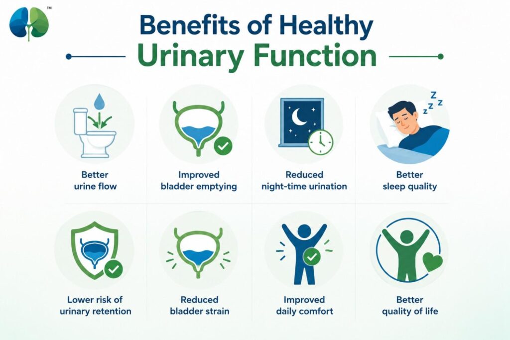 Medical infographic illustrating the benefits of improved urinary function, including better urine flow, complete bladder emptying, reduced night-time urination, improved sleep, lower risk of urinary retention, reduced bladder strain, greater daily comfort, and better quality of life.