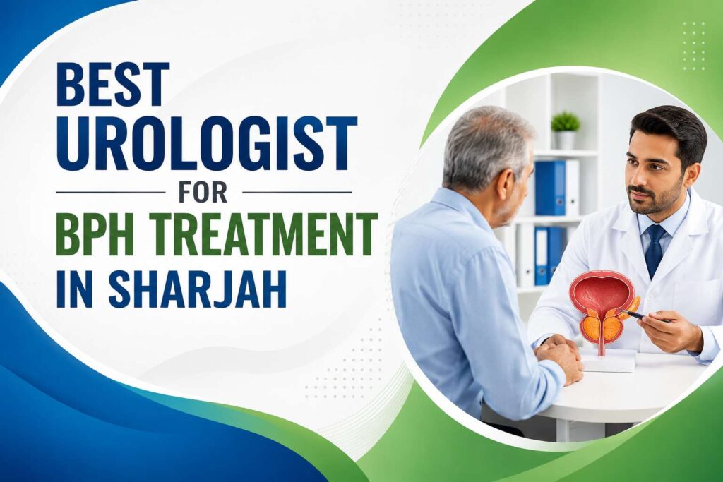 Best urologist for BPH treatment in Sharjah providing consultation and explaining prostate health to a patient with a medical illustration of the prostate.