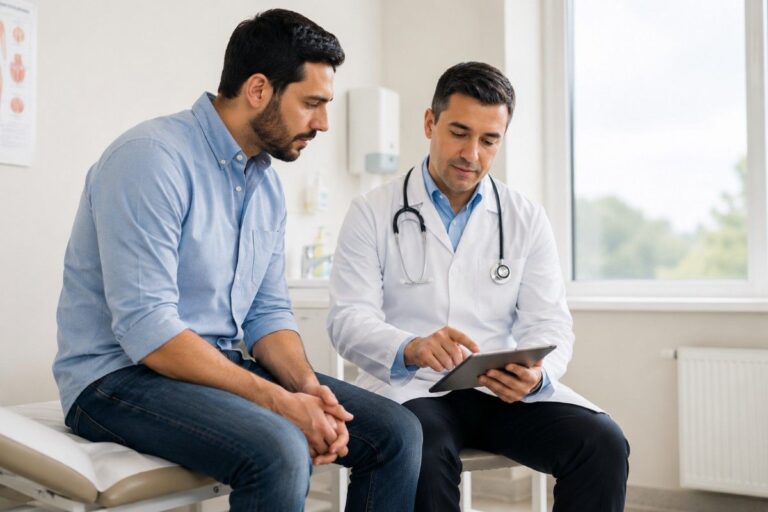 Water Vapor Therapy for Enlarged Prostate in Abu Dhabi consultation showing a urologist discussing minimally invasive prostate treatment options with a male patient in a modern clinic.