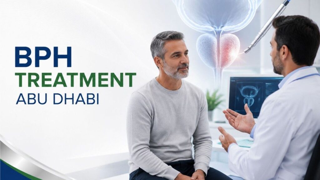 BPH Treatment Abu Dhabi banner showing advanced enlarged prostate treatment and urology consultation