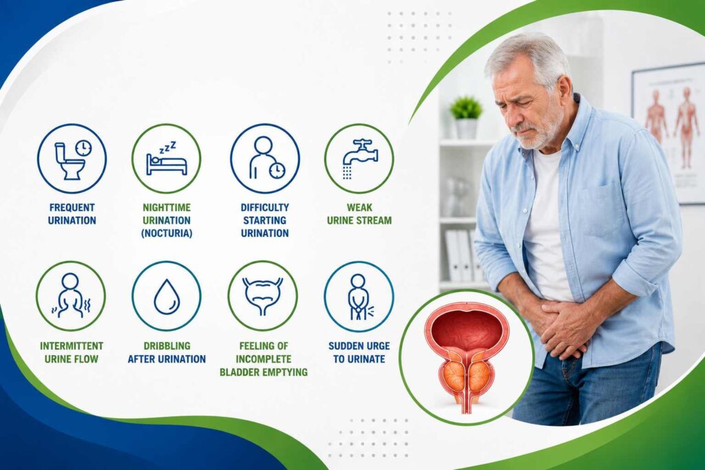 Common symptoms of BPH including frequent urination, nocturia, weak urine stream, difficulty starting urination, and sudden urge to urinate.
