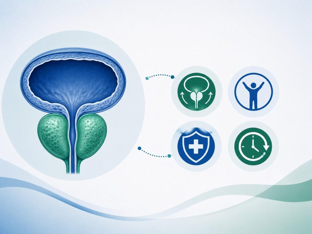Treatment Options for Enlarged Prostate illustration showing prostate health, urinary function, minimally invasive treatments, and BPH management