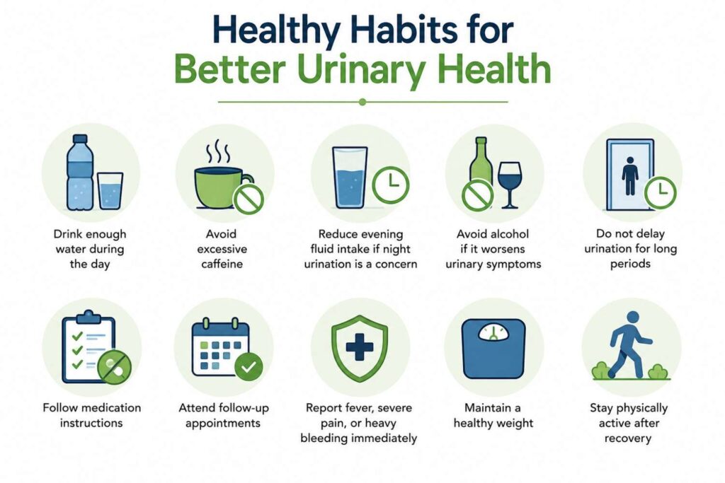 Simple medical infographic showing healthy lifestyle and recovery tips to support urinary health after treatment.